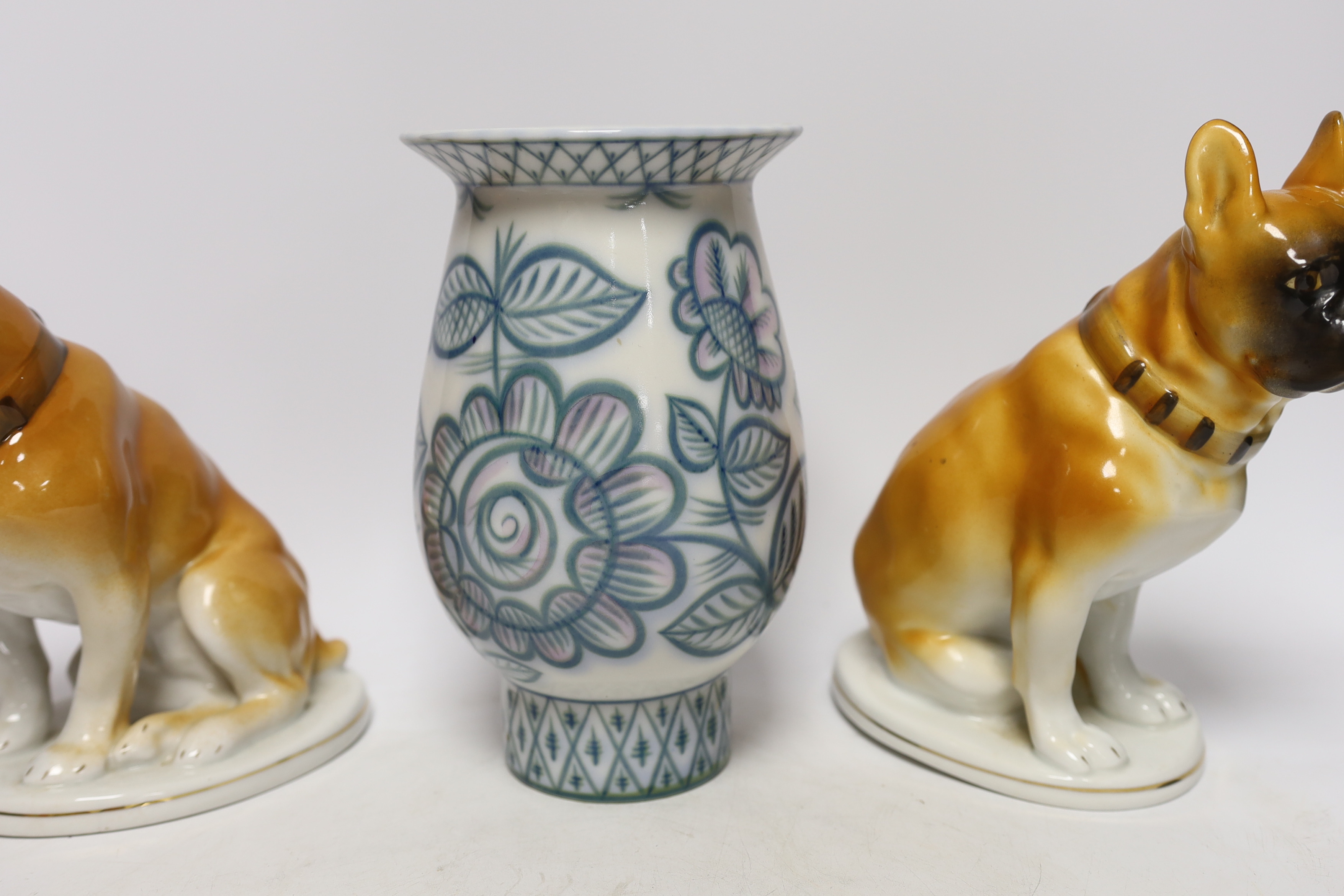 A pair of Russian porcelain models of French bulldogs, a part Chinese (Russian) tea set and a vase